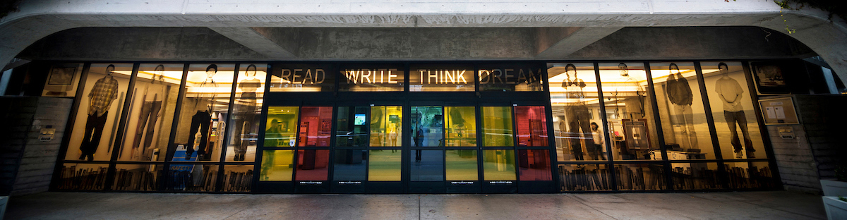 Entryway to UC San Diego's Geisel Library, which features John Baldessari's public artwork titled Read, Write, Think, Dream.