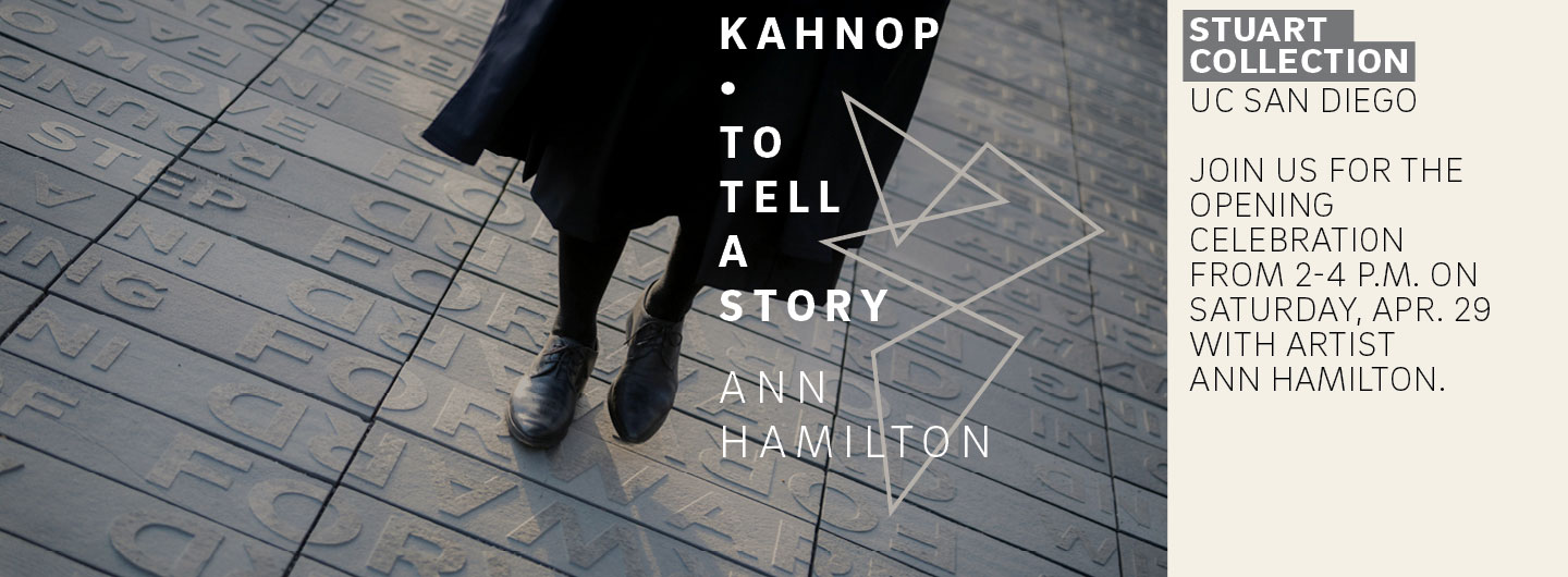 Combination of two images depicting the pathway of words that make up the newest artwork, KAHNOP • TO TELL A STORY as well as a portrait of Ann Hamilton.