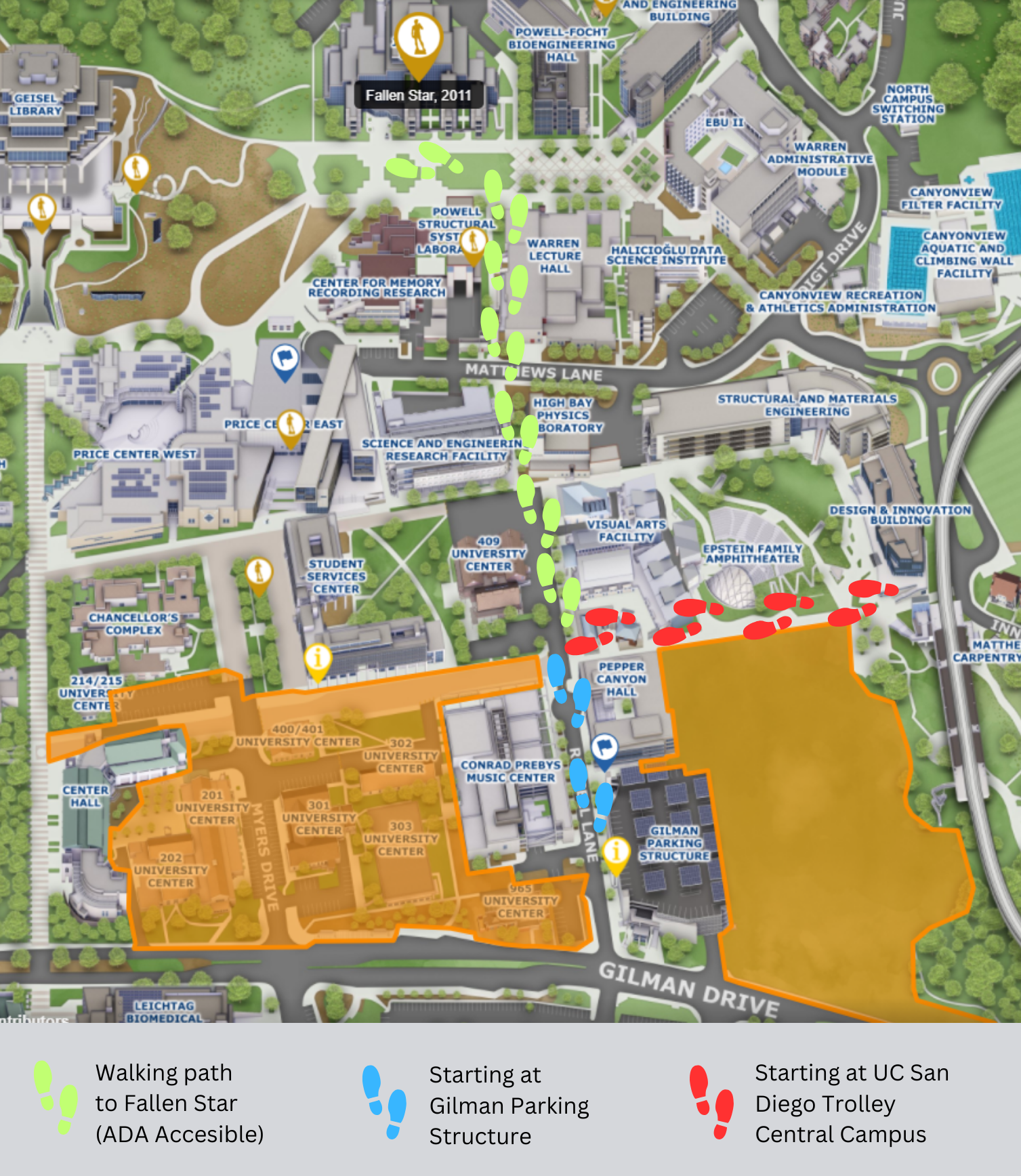 Map of UCSD and walking path from parking/trolley to Fallen Star sculpture. 